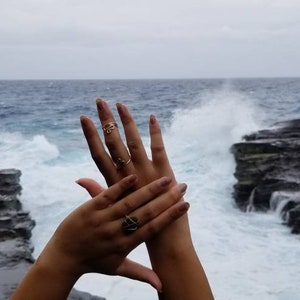 Pu&ograve; includere: Due mani con anelli d'oro sullo sfondo di una costa rocciosa con onde che si infrangono.