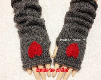 Angola Mohair Wool Finger-less Gloves With Hearts, Heart Color Choices.