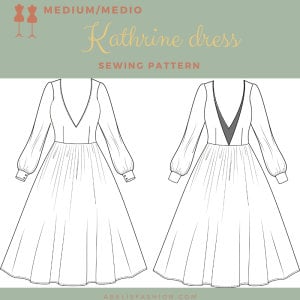 Puede incluir: Un patrón de costura para un vestido Katharine, con un vestido de manga larga y cuello en V con una falda plisada. El patrón es para una talla mediana.