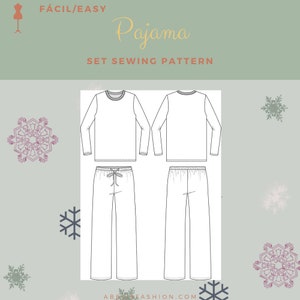 Peut inclure: Un dessin au trait d'un patron de couture pour un pyjama. Le patron comprend un haut à manches longues et un pantalon. Le texte "FÁCIL/EASY Pyjama SET SEWING PATTERN" est en haut de l'image. Le texte "ABBEYFASHION.COM" est en bas de l'image.