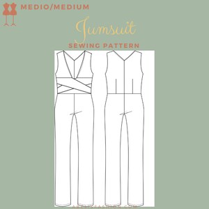 May include: Line drawing of a jumpsuit sewing pattern with a criss-cross detail at the waist. The pattern is labeled "Jumpsuit Sewing Pattern" and "MEDIO/MEDIUM".
