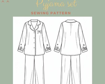 Puede incluir: Dibujo lineal de un patrón de costura de pijama. La vista frontal muestra una camisa con botones con un lazo y detalles florales, y pantalones. También se muestra la vista posterior de la camisa y los pantalones. El texto incluye "Pyjama set" y "Sewing Pattern".