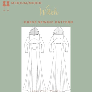 Può includere: Disegno a linea di un modello di cucito per un abito con cappuccio, gonna lunga e maniche lunghe. Il modello è etichettato "Witch Dress Sewing Pattern".
