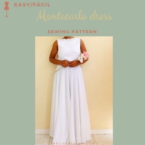May include: A white sleeveless dress with a round neckline and a full skirt. The dress is being held by a person with a bouquet of pink flowers. The text "EASY/FÁCIL Montecarlo dress SEWING PATTERN" is at the top of the image.
