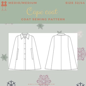 Puede incluir: Un dibujo en blanco y negro de un patrón de costura de capa. El patrón es para una talla 32/44, que es una talla mediana. El texto "Cape coat" y "COAT SEWING PATTERN" está escrito en amarillo sobre un fondo verde.