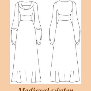 Puede incluir: Un patrón de costura digital para un abrigo de invierno medieval. El patrón incluye una vista frontal y posterior del abrigo, que tiene mangas largas y un corpiño ajustado. El patrón está disponible en talla 36/44.