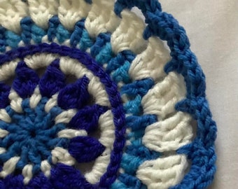 Blue & White Crochet Mandala Doily Pair - 8" Home Decor