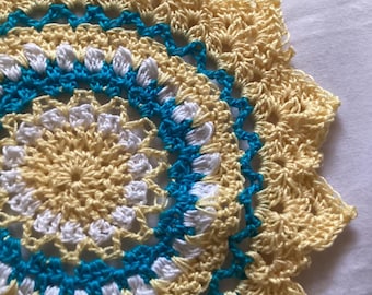 Yellow White and Turquoise Crochet Doily