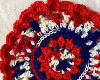 Buffalo Bills Inspired Crocheted Mandala: Red White Blue Centerpiece (9” Round)
