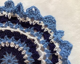 Crochet Doily: Blue, White & Black Cotton Table Centerpiece (9 inch)