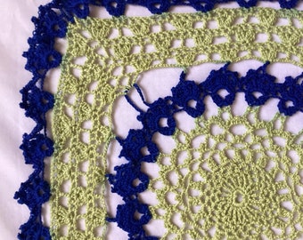 Crocheted Doily: Wasabi Green & Blue Centerpiece (15 1/2" Square)