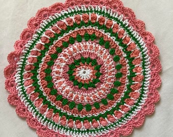 Crocheted Doily: Pink, Green, & White Centerpiece (8" Round)