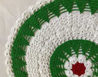 Handmade Christmas Crochet Doily – 15” Red White & Green Table Decor, Holiday Centerpiece, Vintage Style Lace Doily, Festive Home Accent