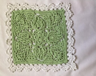 Green Crochet Doily: Square Table Centerpiece with White Border