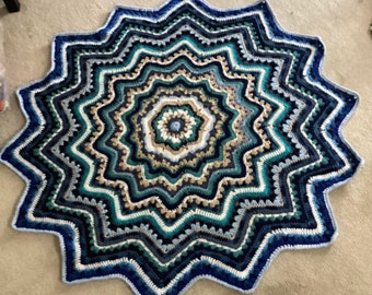 Lapghan, Blanket, Star shape Handmade in shades of Blues with touch of white, tan