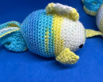 Handcrafted Crocheted Fish – Yellow, Blue & White – 7.5” x 4” – Whimsical Ocean-Inspired Decor