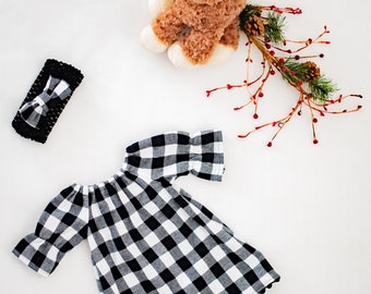 Handmade Black and White Buffalo Plaid Baby Dress, 100% Cotton