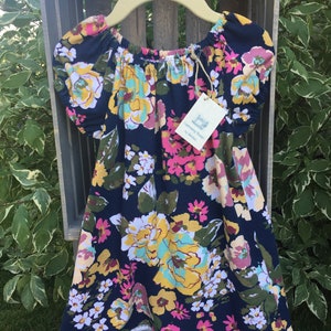 Navy Floral Toddler Dress, Boho Navy and Large Floral Print Jersey Knit Peasant Dress