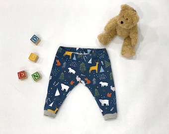 Forest Animal Print Baby Leggings, Handmade Cotton Knit Pants