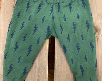 Handmade Green Baby Leggings, Lightning Bolt Print, 100% Cotton