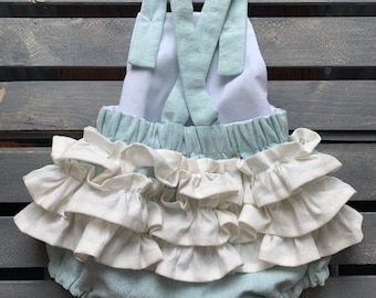 Handmade Linen Baby Romper, Blue & White Ruffles, Summer Outfit