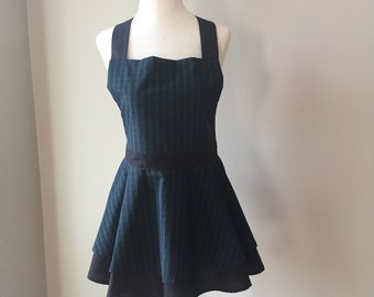 Black Watch Tartan Apron, Flirty Chic Pinup Light Black Watch Plaid- Navy/Green/Black Plaid Hostess Apron