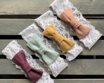 tLace Baby Headband, Stretch Lace and Linen Bow Baby, Toddler Headbands