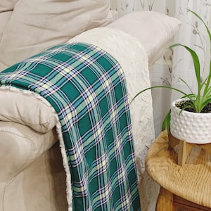 Alberta Green Tartan Blanket, Rustic Plaid Reversible Blanket with Faux Fur in Green with Cream Minky, Christmas Blanket