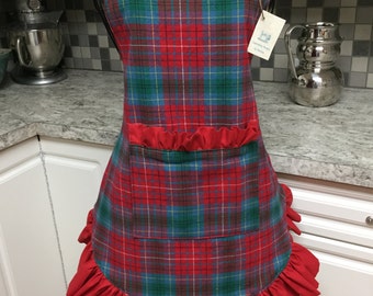 Vintage Plaid Apron with Pocket in Red Teal Green