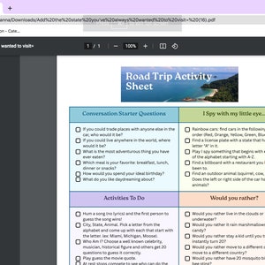 Family Road Trip Activity Sheet Digital Download