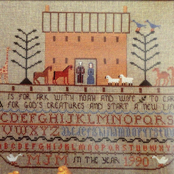 Noah’s Ark Sampler by City Stitch - Sampler in a primitive style - Alphabet in the boat outline - Great for a nursery