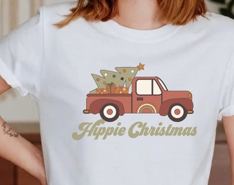 Koszulka świąteczna w stylu retro hipisowskim, koszulka vintage z ciężarówką
