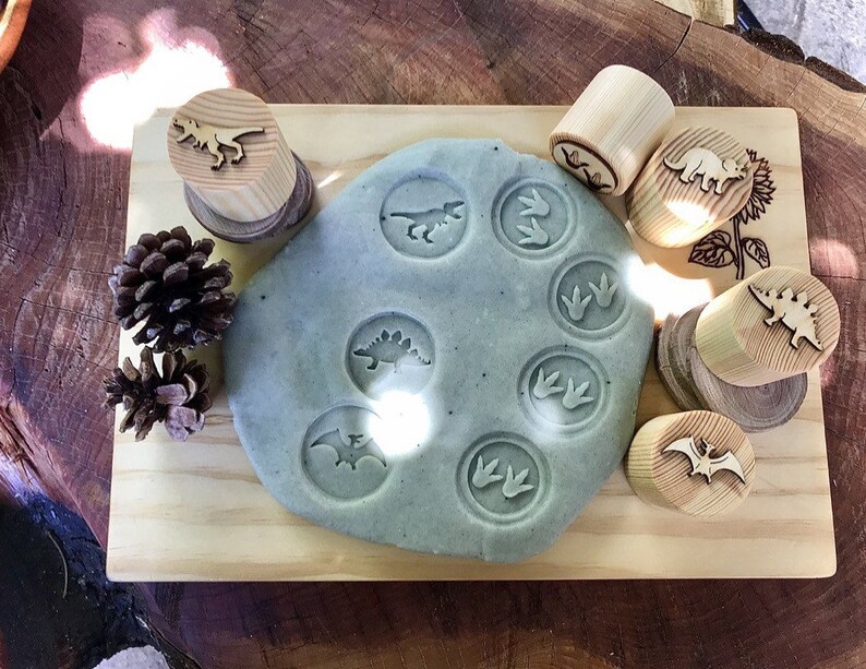 Dinosaur Play Dough Stamps Waldorf Toys Handcrafted Wooden Play Dough Tools dinosaur playdough Dinosaur Toys