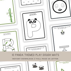 Op de afbeelding: Een verzameling van tien panda-thema speeldeegmatten. De matten tonen panda's, bamboe en letters. De tekst op de matten bevat "P is voor Panda", "B is voor Bamboe" en "Tel en bedek 7 Panda Beren".