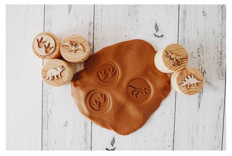 Dinosaur Play Dough Stamps Waldorf Toys Handcrafted Wooden Play Dough Tools dinosaur playdough Dinosaur Toys