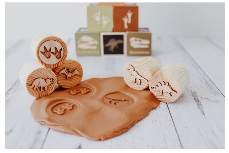 Dinosaur Play Dough Stamps Waldorf Toys Handcrafted Wooden Play Dough Tools dinosaur playdough Dinosaur Toys