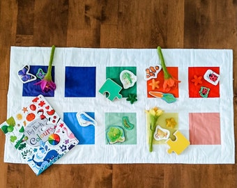 Color Block Quilt and 10 matching Beanbags - 22” x 43” Cotton Quilt - Beanbags - Color Sorting - Gross Motor Play