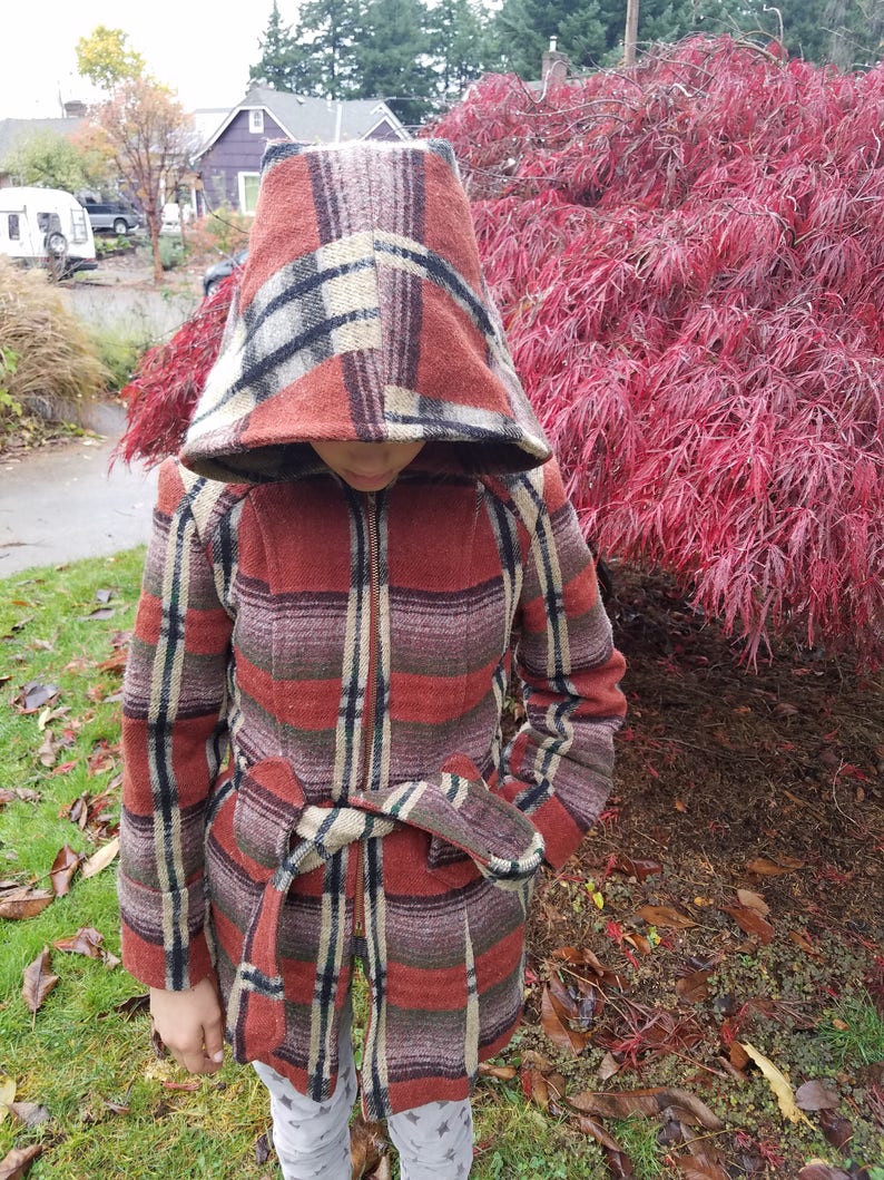 Petite plaid belted and hooded wool coat in fabulous rust and plum because that/'s a thing