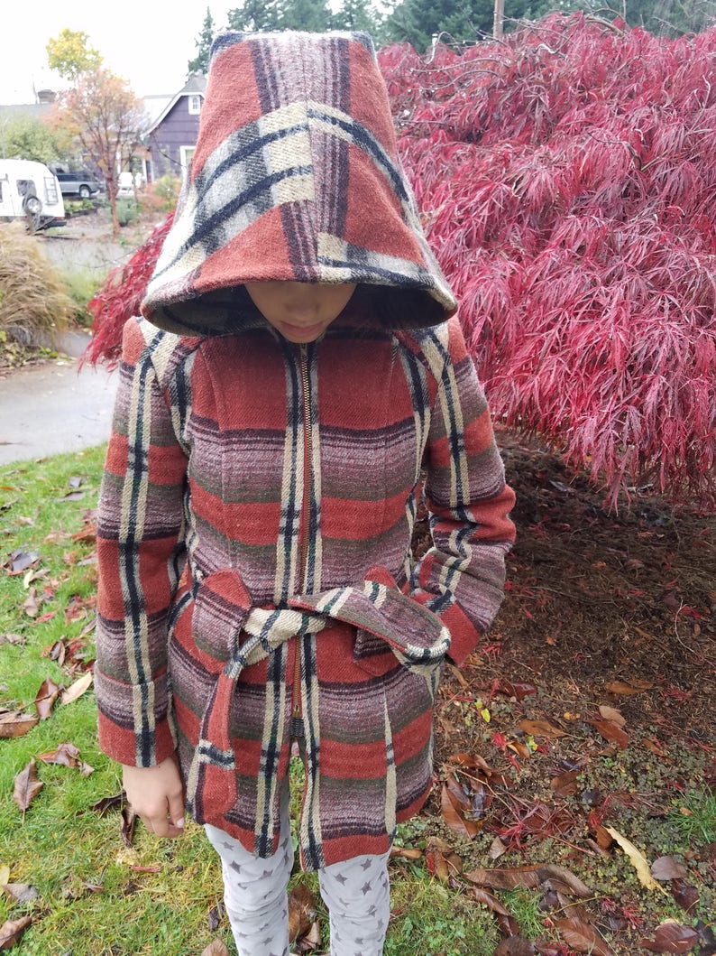 Petite plaid belted and hooded wool coat in fabulous rust and plum because that/'s a thing