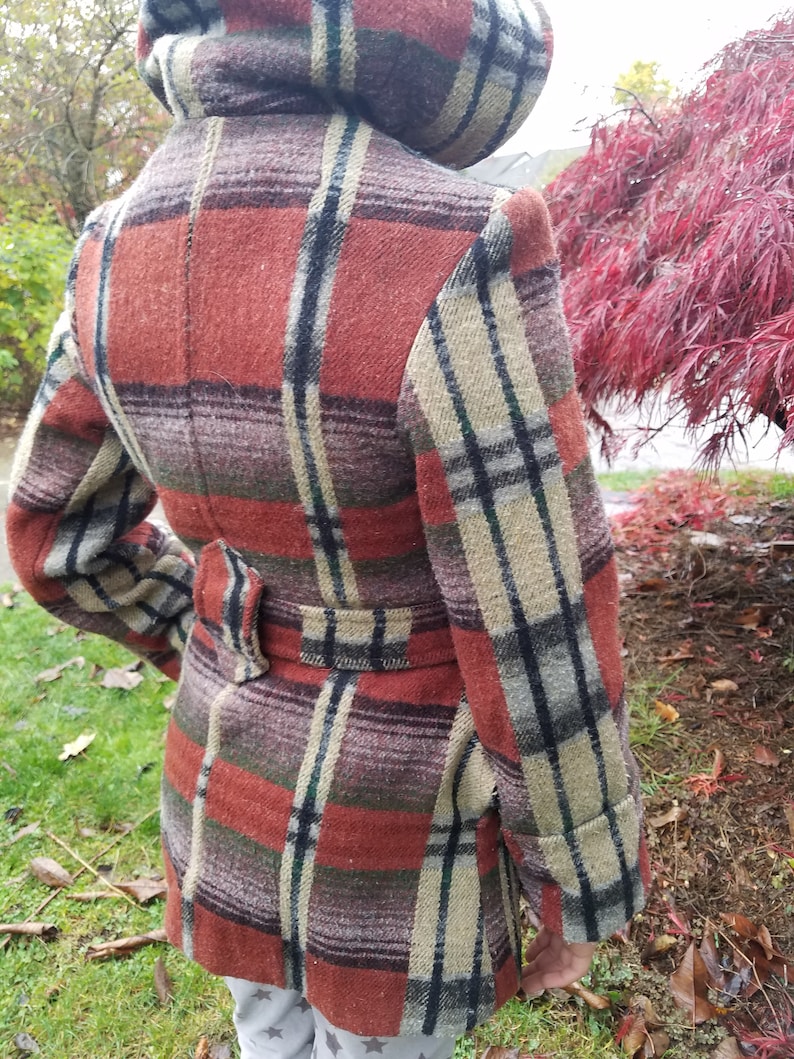 Petite plaid belted and hooded wool coat in fabulous rust and plum because that/'s a thing