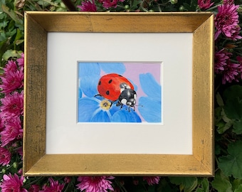 Ladybug on Forget-Me-Not | Small Art | Framed Art | 5.5” x 6.5” | Vintage Gold Frame