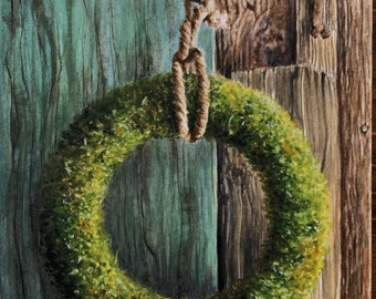 Rustic Moss Wreath on Weathered Turquoise Barn Door Painting | Small Art