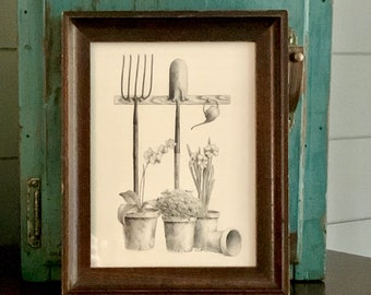 Garden Tools Drawing Framed in Vintage Brown Frame 6” x 8”