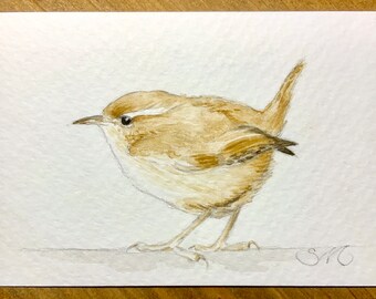 Wren Bird Watercolor Gouache Painting Artist Trading Card
