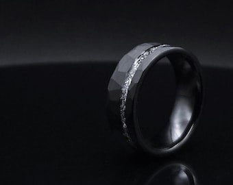 Mens Ring Meteorite black band Tungsten, Futuristic Jewelry, Statement ring, Handmade jewelry for men, Unique gift for men, Gift for him