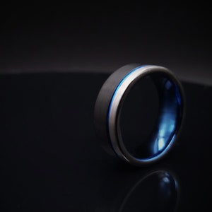 Mens Ring blue black silver band Tungsten, Futuristic ring inlay, rings for men, Handmade jewelry for men, Unique gift for men, Gift for him