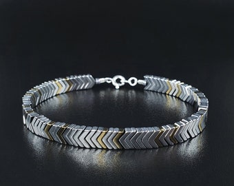 Mens bracelet silver Hematite Handmade Jewelry for men Gift for him Natural silver gold gemstone beaded bracelet arrow Futuristic cyberpunk.