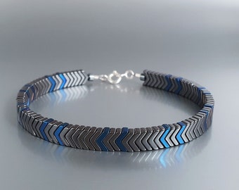Mens bracelet Hematite Handmade Jewelry for men Gift for him Natural blue gray  gemstone beaded bracelet arrow Futuristic cyberpunk. Gnatus