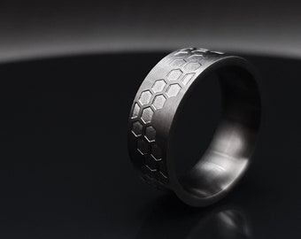 Stylish Mens Ring Black Stainless Steel Band with Intricate Pattern Minimalist Handcrafted Jewelry for men, Unique gift for him