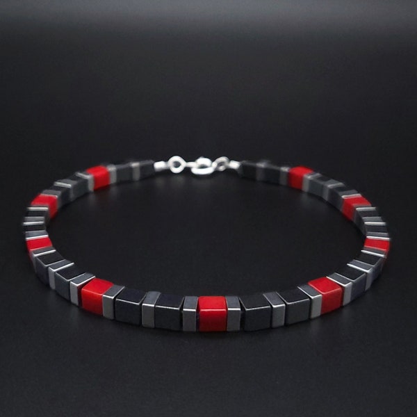 Mens bracelet Red coral silver gray gemstone, Handmade Jewelry for men, Natural stone bracelets for men, Unique gifts for men, Gift for him